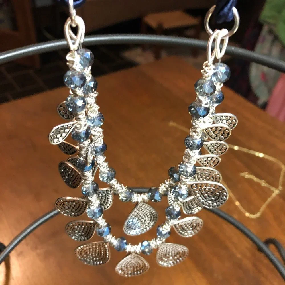 VINEYARD HAVEN Statement 2 Strand Silvertone/Blue Rope Necklace NWT